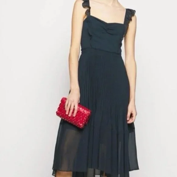 Club Monaco Navy Romantic Pleated Flounce Ruffle Sleeves Midi Dress Size 6 - Picture 2 of 16